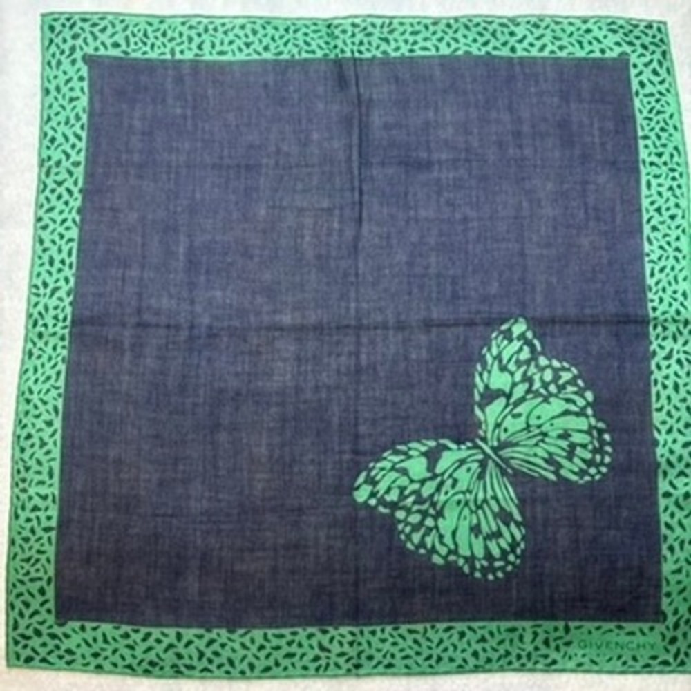 Vtg GIVENCHY Scarf Handkerchief Butterfly Cotton Navy Blue Green 14.5"